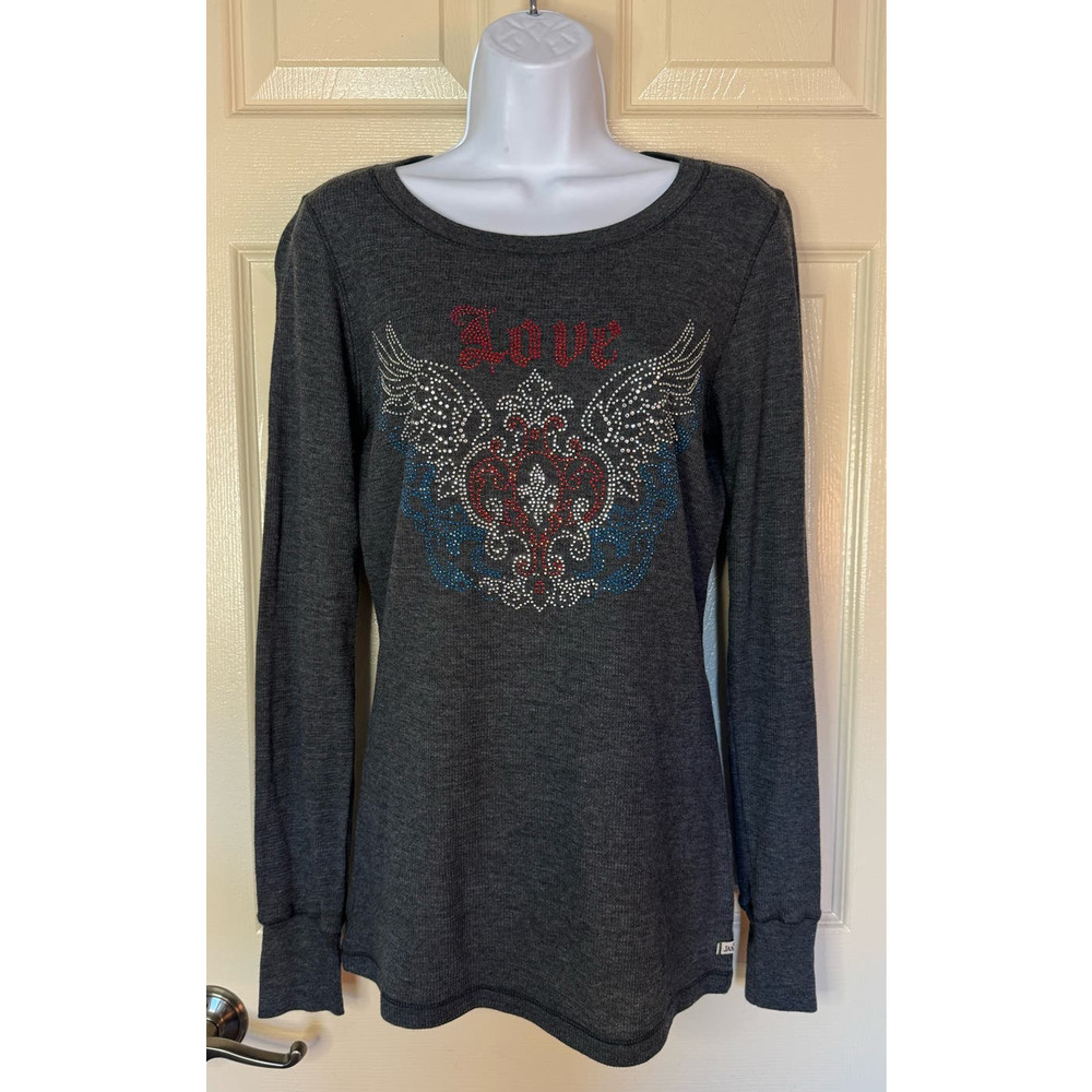 Jake's Rhinestone Love Ribbed Grey Long Sleeve